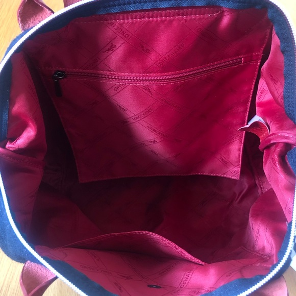 $475~LONGCHAMP~’Le Pliage Cocade’ Navy Blue Wool 2-Way Tote Bag~Rare/Limited Ed! - Picture 15 of 16